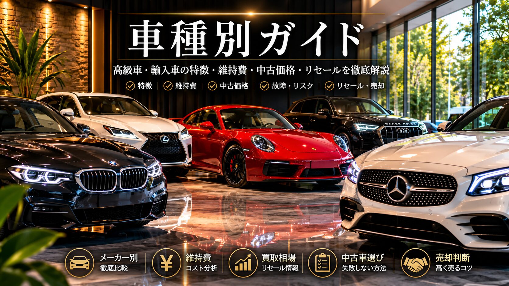 高級車・輸入車が並ぶショールームで、車種別ガイドを表現したアイキャッチ画像